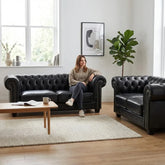 Chesterfield Black Leather Antique 3+2 Seater Sofa Set