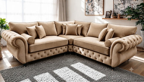 Rio L-Shape Corner Sofa\ Diamond Tufted with Rolled Arms & Scatter Cushions