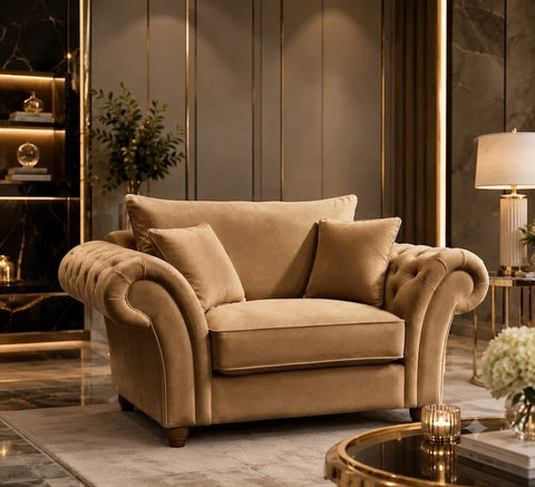 Nicole Armchair Deep-Buttoned with Rolled Arms & Scatter Cushions