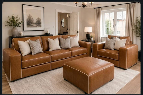 Salone 3+1 Seater Sofa Set with Ottoman | Tan Leather with Cream Piping