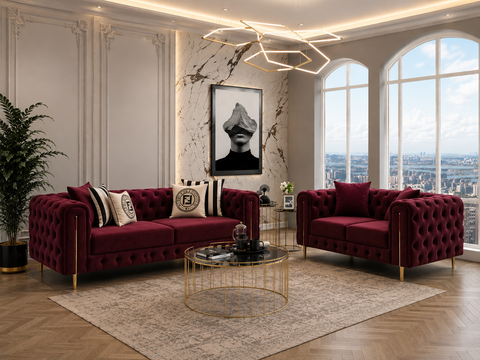 Italian Chesterfield 3+2 Seater Sofa Set  Velvet Diamond Tufted with Gold Legs