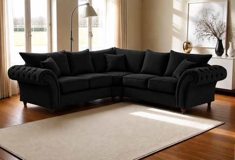 Nicole L-Shape Corner Sofa  Deep-Buttoned with Rolled Arms & Scatter Cushions