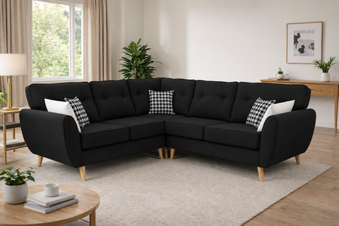 Zinc L-Shape Corner Sofa Mid-Century Button Tufted with Wooden Legs