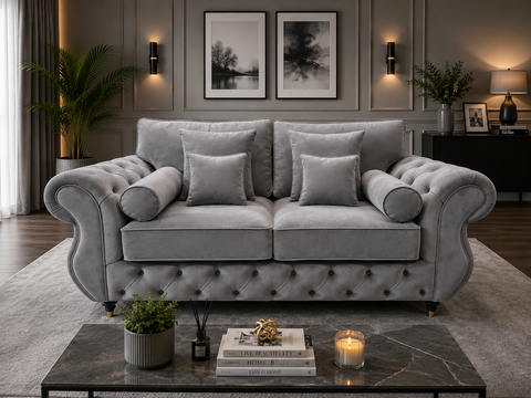 Rio 2  seater  Sofa |  Diamond Tufted with Rolled Arms & Scatter Cushions