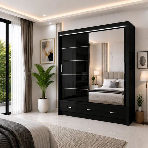 Florence Sliding Door Wardrobe with Mirror & Drawers High Gloss Black