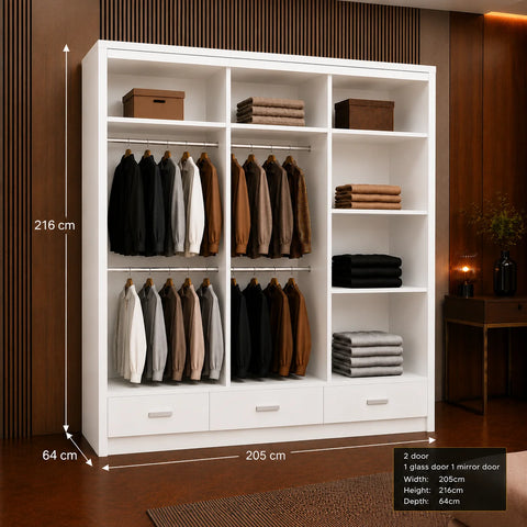 Florence Sliding Door Wardrobe with Mirror & Drawers High Gloss Black