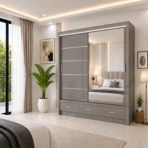 Florence Sliding Door Wardrobe with Mirror & Drawers High Gloss Black