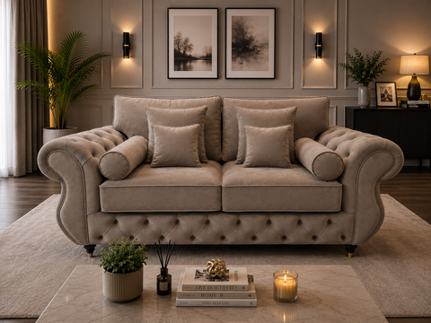 Rio 2  seater  Sofa |  Diamond Tufted with Rolled Arms & Scatter Cushions