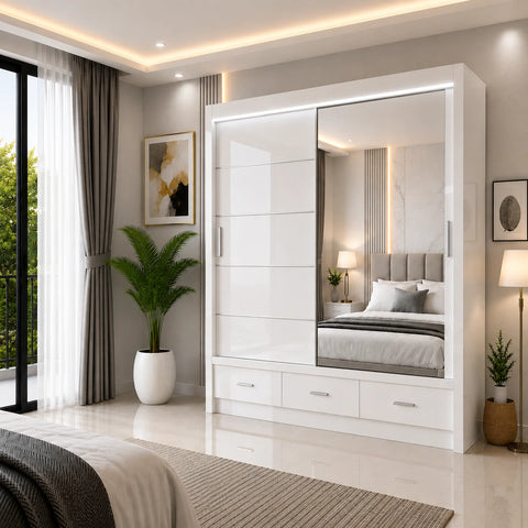 Florence Sliding Door Wardrobe with Mirror & Drawers High Gloss Black