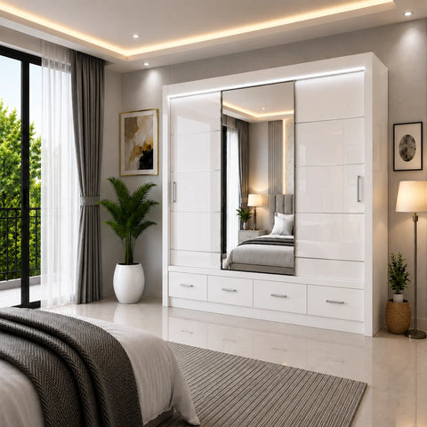 Florence Sliding Door Wardrobe with Mirror & Drawers High Gloss Black