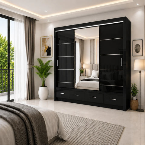 Florence Sliding Door Wardrobe with Mirror & Drawers High Gloss Black