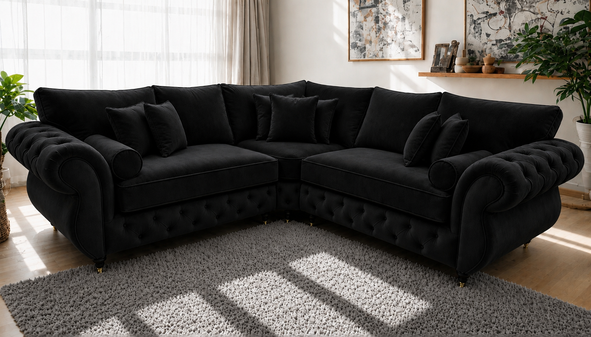 Rio L-Shape Corner Sofa\ Diamond Tufted with Rolled Arms & Scatter Cushions