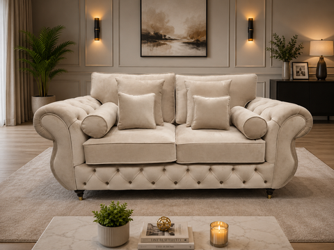 Rio 2  seater  Sofa |  Diamond Tufted with Rolled Arms & Scatter Cushions