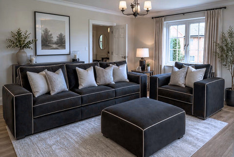 Salone 3+1 Seater Sofa Set with Ottoman | Tan Leather with Cream Piping