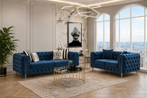 Italian Chesterfield 3+2 Seater Sofa Set  Velvet Diamond Tufted with Gold Legs