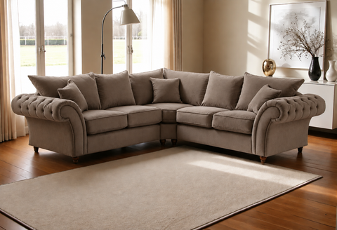 Nicole L-Shape Corner Sofa  Deep-Buttoned with Rolled Arms & Scatter Cushions