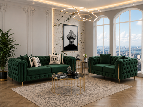 Italian Chesterfield 3+2 Seater Sofa Set  Velvet Diamond Tufted with Gold Legs