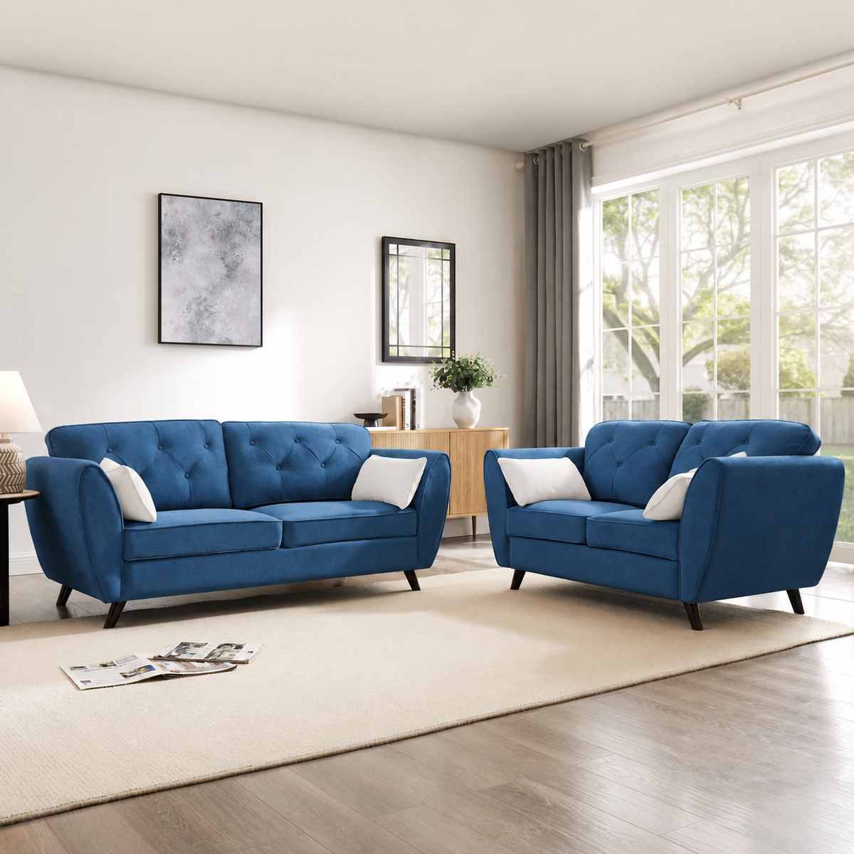 Zinc 3+2 Seater Sofa Set  Mid-Century Button Tufted with Tapered Legs
