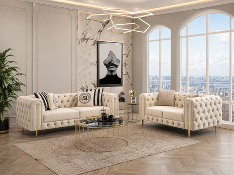 Italian Chesterfield 3+2 Seater Sofa Set  Velvet Diamond Tufted with Gold Legs