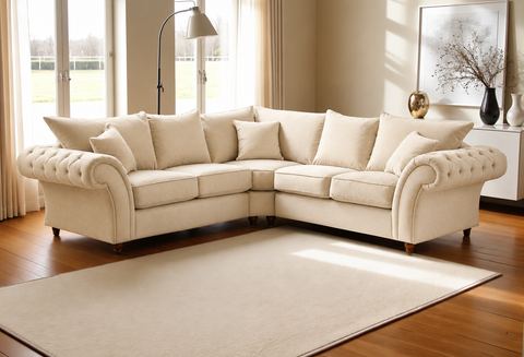 Nicole L-Shape Corner Sofa  Deep-Buttoned with Rolled Arms & Scatter Cushions