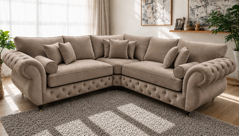 Rio L-Shape Corner Sofa\ Diamond Tufted with Rolled Arms & Scatter Cushions