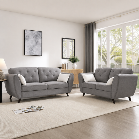 Zinc 3+2 Seater Sofa Set  Mid-Century Button Tufted with Tapered Legs