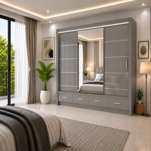 Florence Sliding Door Wardrobe with Mirror & Drawers High Gloss Black