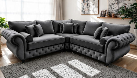 Rio L-Shape Corner Sofa\ Diamond Tufted with Rolled Arms & Scatter Cushions