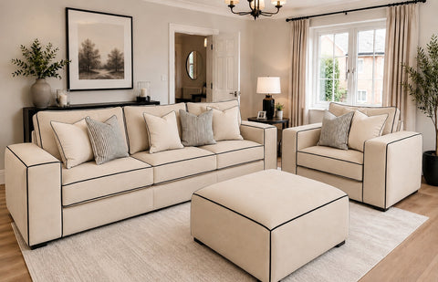 Salone 3+1 Seater Sofa Set with Ottoman | Tan Leather with Cream Piping
