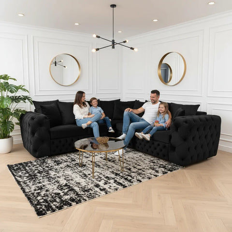 Ashton L-Shape Corner Sofa |  Velvet Deep-Buttoned Chesterfield