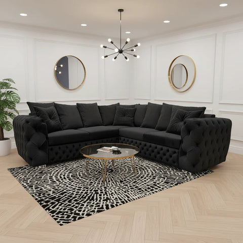 Ashton L-Shape Corner Sofa |  Velvet Deep-Buttoned Chesterfield
