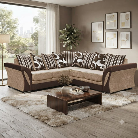 Shannon L-Shape Corner Sofa | Two-Tone with Patterned Cushions