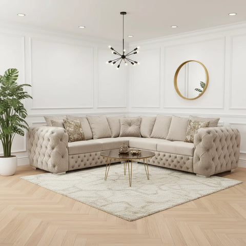 Ashton L-Shape Corner Sofa |  Velvet Deep-Buttoned Chesterfield
