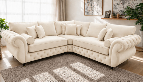Rio L-Shape Corner Sofa\ Diamond Tufted with Rolled Arms & Scatter Cushions