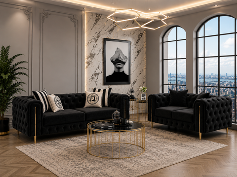 Italian Chesterfield 3+2 Seater Sofa Set  Velvet Diamond Tufted with Gold Legs