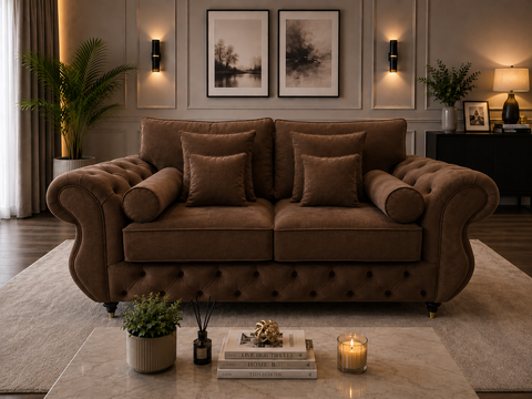 Rio 2  seater  Sofa |  Diamond Tufted with Rolled Arms & Scatter Cushions