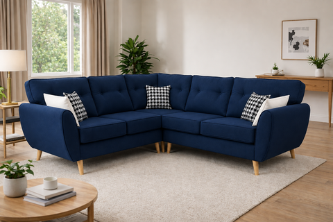 Zinc L-Shape Corner Sofa Mid-Century Button Tufted with Wooden Legs