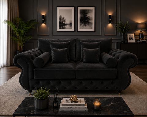 Rio 2  seater  Sofa |  Diamond Tufted with Rolled Arms & Scatter Cushions