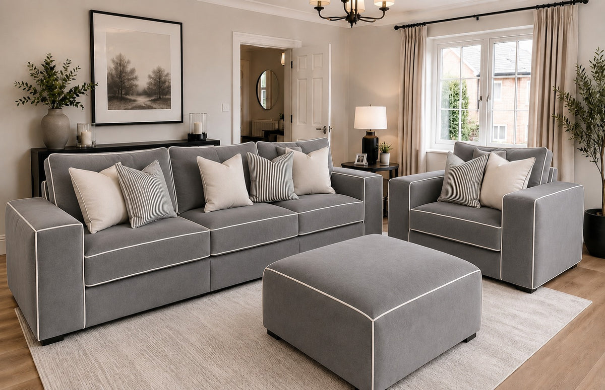 Salone 3+1 Seater Sofa Set with Ottoman | Tan Leather with Cream Piping