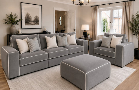 Salone 3+1 Seater Sofa Set with Ottoman | Tan Leather with Cream Piping