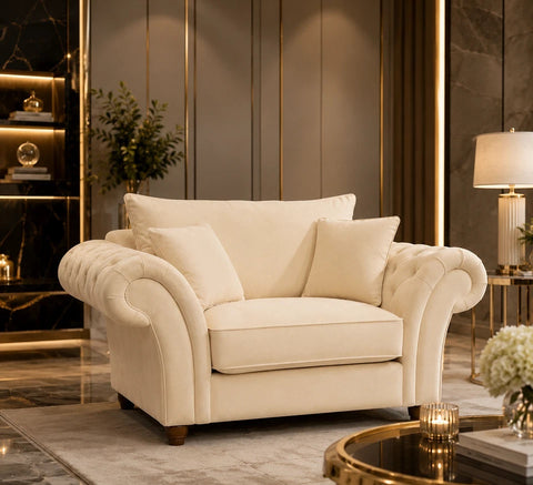 Nicole Armchair Deep-Buttoned with Rolled Arms & Scatter Cushions