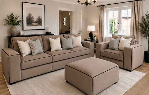 Salone 3+1 Seater Sofa Set with Ottoman | Tan Leather with Cream Piping