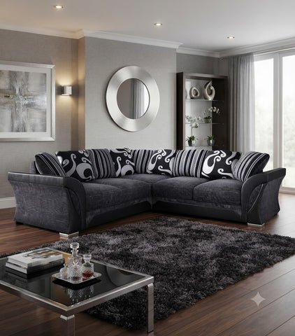 Shannon L-Shape Corner Sofa | Two-Tone with Patterned Cushions