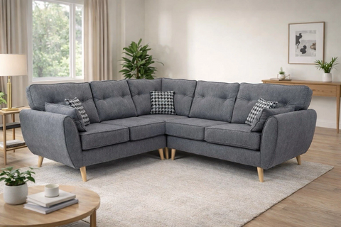 Zinc L-Shape Corner Sofa Mid-Century Button Tufted with Wooden Legs