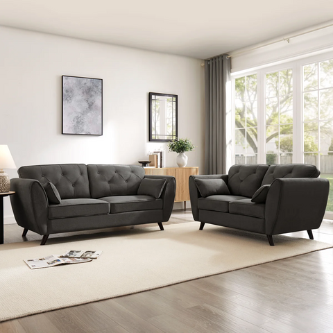 Zinc 3+2 Seater Sofa Set  Mid-Century Button Tufted with Tapered Legs