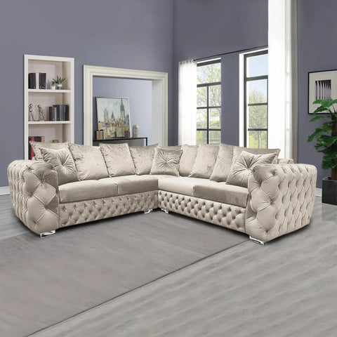Ashton L-Shape Corner Sofa |  Velvet Deep-Buttoned Chesterfield