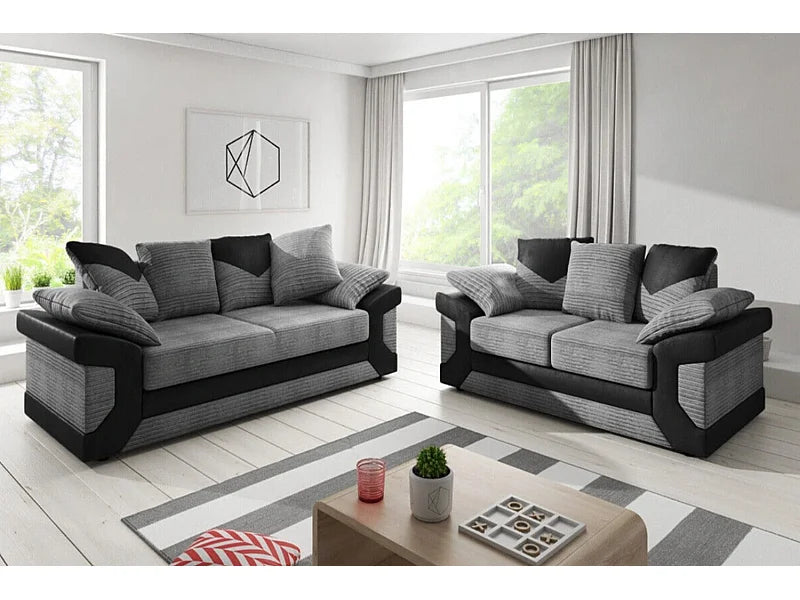 Dino 3+2 Sofa Set | Grey Jumbo Cord & Black Faux Leather Sofa Suite