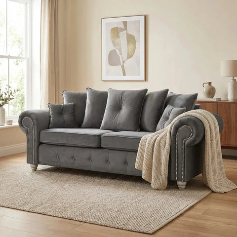 Olympia Grey Fabric Velvet 3 Seater Sofa