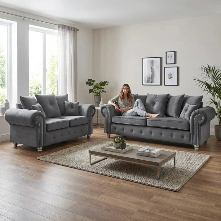 Olympia Grey Fabric Velvet 3+2 Seater Sofa Set