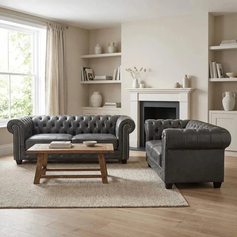 Chesterfield Grey Leather Antique 3+2 Seater Sofa Set